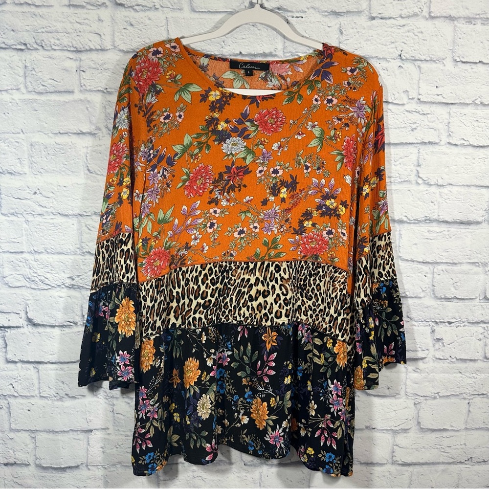 Caleoaa 3/4 Bell Sleeve Floral Animal Mixed Media Print Blouse Sz Large